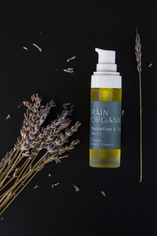 1 ounce Halcyon Body Oil by Rain Organica on a black background with a cluster of dried lavender buds in the lower right diagonal of the photo and a single dried lavender bud parallel to the 1 ounce bottle